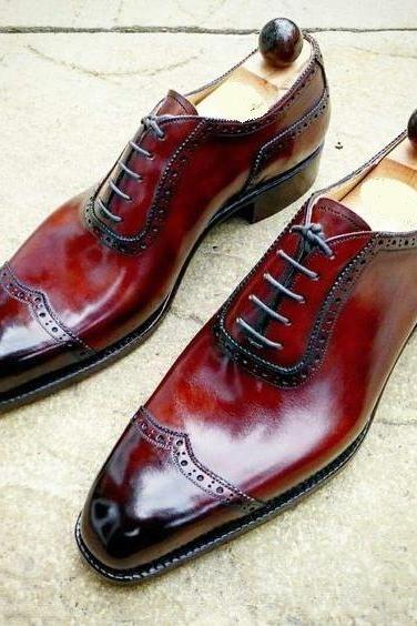 Handmade Men's Burgundy Wing Tip Lace Up Shoes