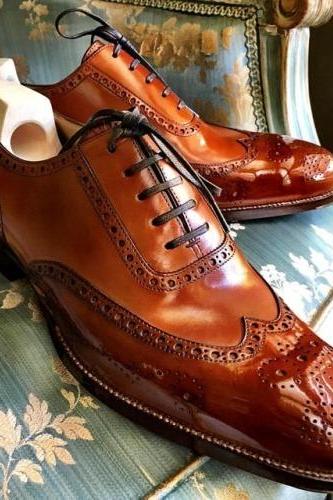 Leather Brown Tone Wingtip Brogue Men Handmade Oxford Dress Shoes