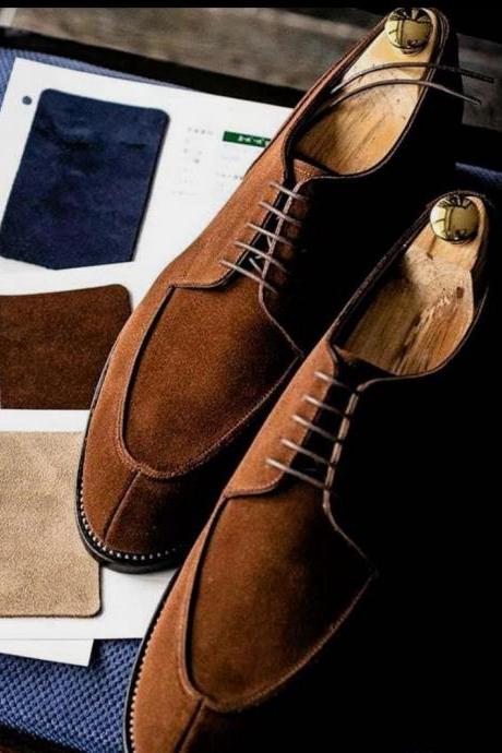 Men's Handmade Brown Suede Split Toe Formally Wear Laceup Shoes