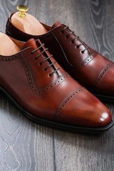 Handmade Men Look Oxfords Cap Toe Brown Leather Lace Up Shoes