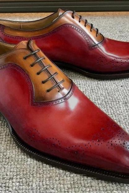 Mens Handmade New Brogue Burgundy Leather Special Edition Lace Up Shoes