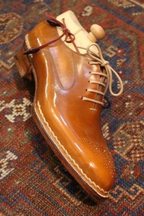 Handmade Men&amp;amp;#039;s Tan Brown Genuine Leather Lace Up Shoes