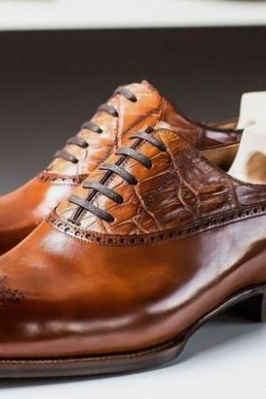Classic Look Customize Brown Alligator Leather Brogue Toe Lace Up Shoes