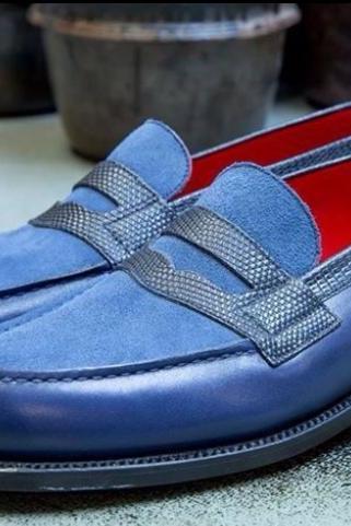 Handmade Men Navy Blue Casual Penny Loafer Moccasin Shoes