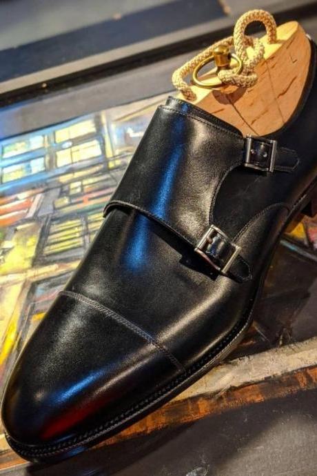 Decent Wear Men&amp;amp;#039;s Handmade Black Double Monk Strap Shoes