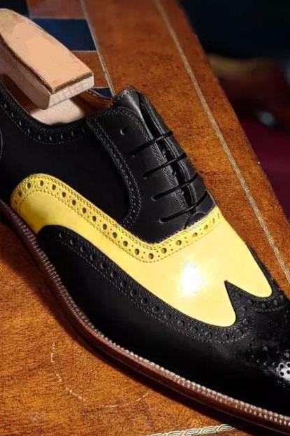 Men&amp;amp;#039;s Oxfords Look Black Yellow Wingtip Designer Handmade Laceup Shoes