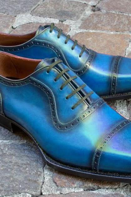 Men&amp;amp;#039;s Oxfords Look Blue Cap Toe Designer Handmade Laceup Shoes
