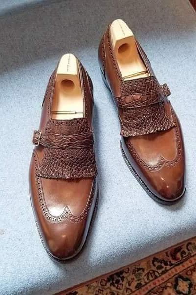 Handmade Men Brown Leather Wingtip Fringe Monk Strap Shoes Wedding Collection
