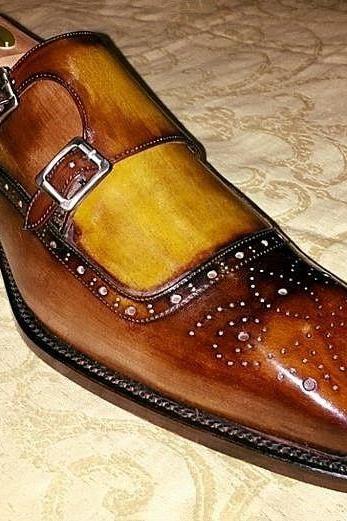 Handmade Men Brown Leather Split Fringe Monk Strap Shoes Wedding Collection