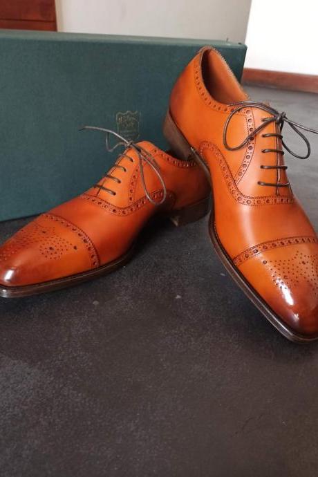 Handmade Men Tan Brown Leather Captoe Laceup Formal Shoes