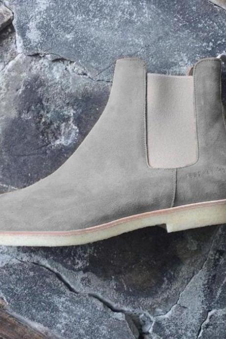 Men New Luxury Grey Suede Ankle High Beautiful Crepe Sole Handmade Chelsea Boot