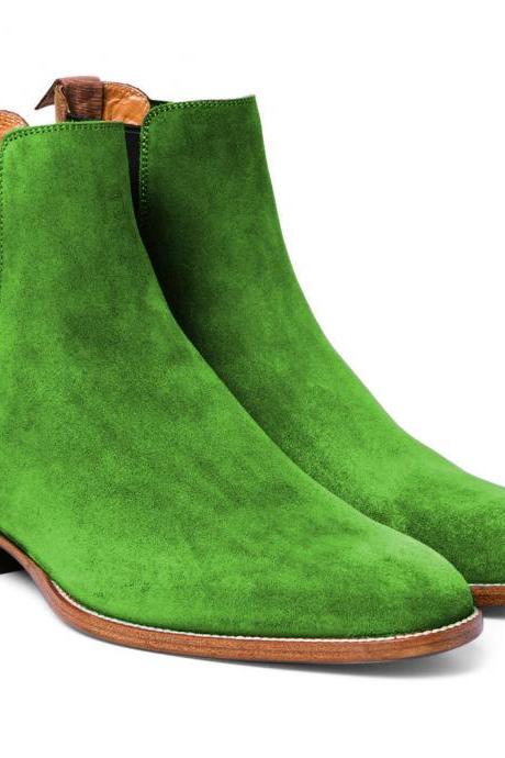 Customize Parrot Green Suede Ankle High Dress Chelsea Handmade Boot