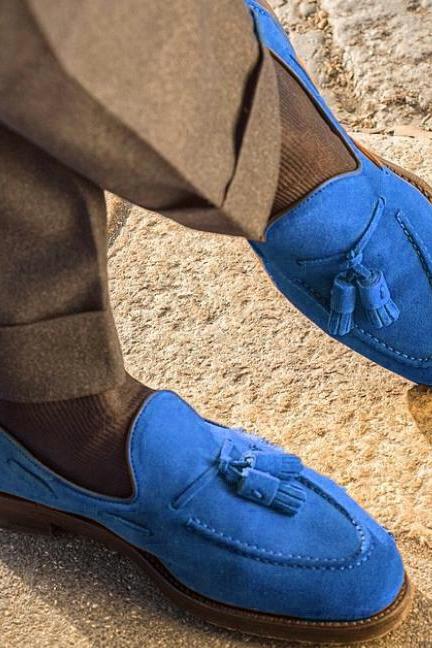 Hand Some Look Royal Blue Suede Casual Loafers Slips On Men Handmade Shoes