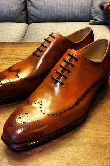 Elegant Handmade Brown Wingtip Oxford Shoes, Men's Genuine Leather Lace Up Shoes