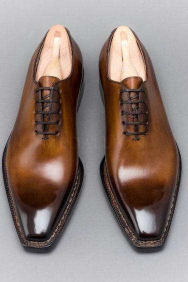 Luxury Handmade Brown Twotone Shoes, Men's Genuine Leather Lace Up Shoes