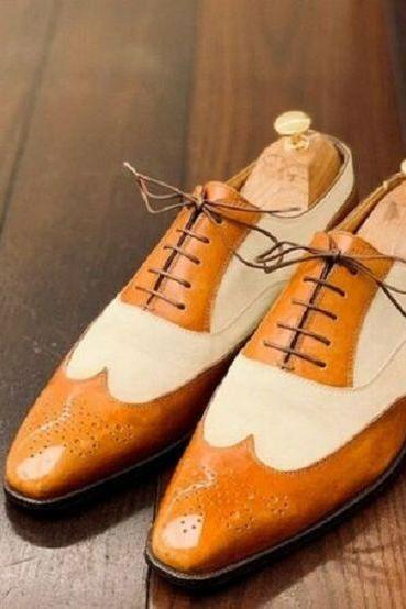 Elegant Handmade Tab Brown Wingtip Oxford Shoes, Men's Genuine Leather Lace Up Shoes