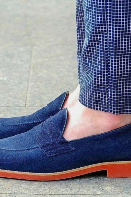 Handmade Men Navy Blue Loafers Casual Shoes