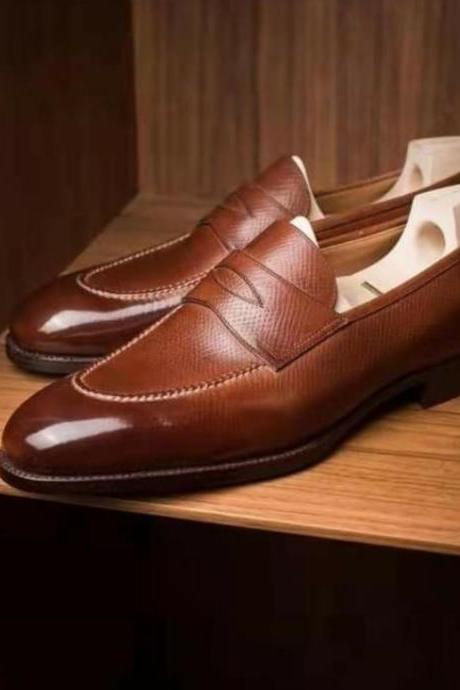 Handmade Men Brown Penny Loafers Formal Shoes