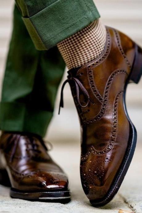 Luxury Handmade Men Brown Leather Wingtip office Wear Formal Shoes