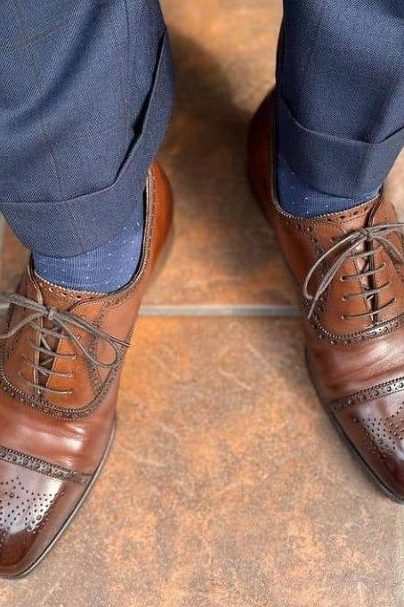 Men Awesome Handmade Brown Cap Toe Oxfords Lace Up Shoes