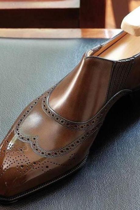 Men Decent Brown Leather Wingtip Touch Loafer Slips On Formal Dress Shoes