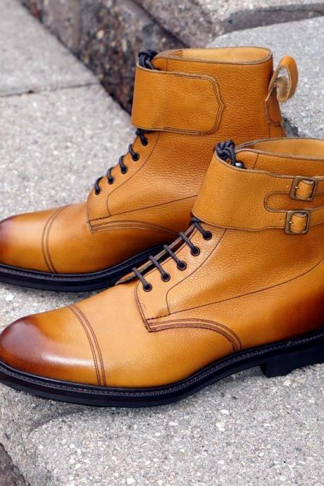 Men Tan Leather Decent Captoe Multi Fastening Leather Ankle High Boot