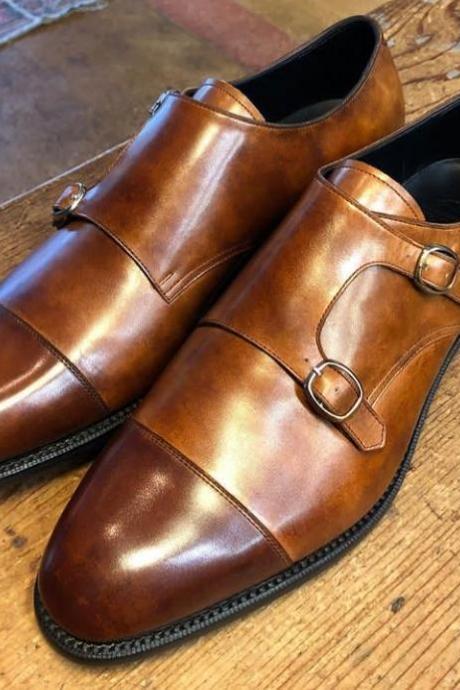 New Edition Handmade Best Price Brown Rust Finishing Double Monk Cap Toe Dress Shoes