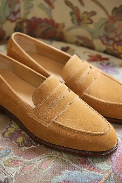 Handmade Tobacco Suede Loafers Formal Men Shoes