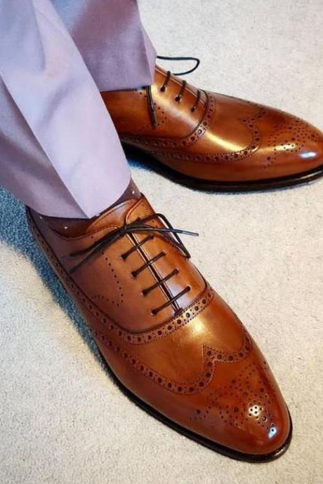 Handmade Men Brown Wingtip Decent Leather Formal Wedding Shoes