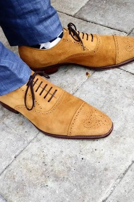 Men Tan Suede Brogue Touch Oxford Captoe Laceup Shoes Handmade Edition