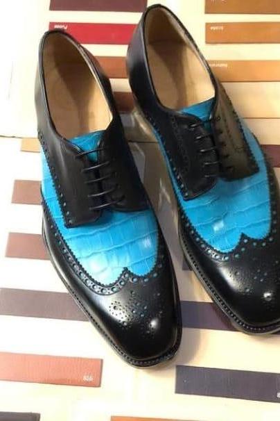 Men Black Blue Leather Alligator Contrast Wingtip Lace Up Handmade Shoes