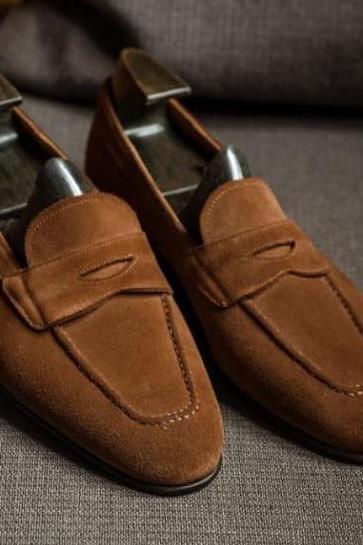 Men Brown Suede Penny Loafers Moccasin Handmade Shoes
