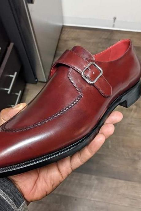 Men's Burgundy Leather Formal Split Toe Handmade Formal Monk Strap Shoes