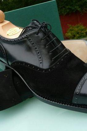 Handmade Men's Black Suede Best Choice Cap Toe Lace Up Formal Shoes