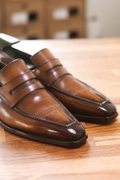 New Handmade Handsome Dress Up Tow Tone Genuine Leather Loafers Shoes