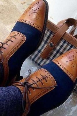 Men's Custom Creative Touch Navy Brown Leather Handmade Laceup Cap Toe Formal Shoes