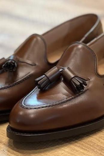 Sale For Men's Brown Leather Handmade Tassels Loafer Slips Om Shoes