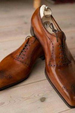 Men&amp;amp;#039;s Handmade Patient Brown Leather Brogue Toe Beautiful Handmade Shoes