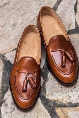 Men's Simply Classic Brown Leather Polish Handmade Loafers Shoes