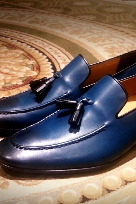 Men&amp;amp;#039;s Navy Blue Tassels Moccasin Handmade Loafers Shoes