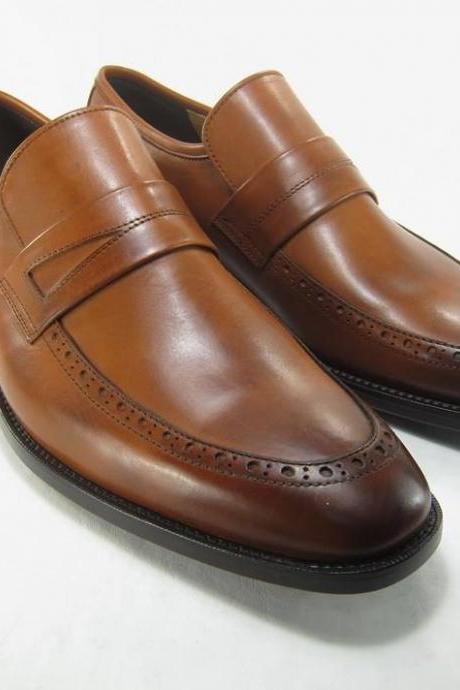 Handmade Men's Brown Leather Skin Penny Loafers Slips On Wedding Wear Shoes