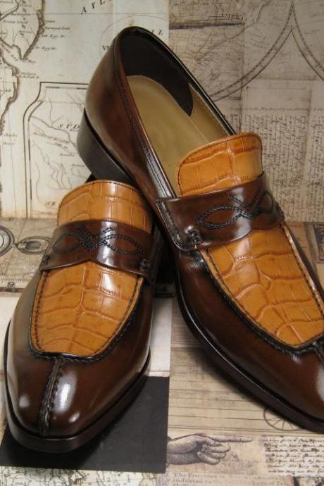 mens brown leather alligator skin contrast handmade loafers slips on shoes