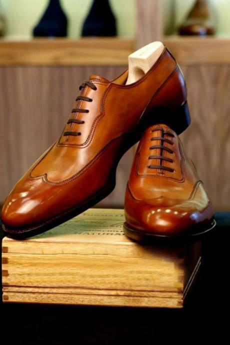 Men&amp;#039;s Cognac Leather Handmade Wedding Wingtip Shoes