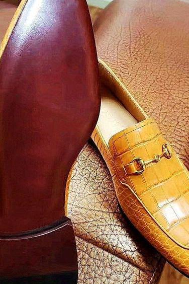 Men's Handmade Ideally Designed Real Mustard Alligator Skin Dress Moccasin Shoes