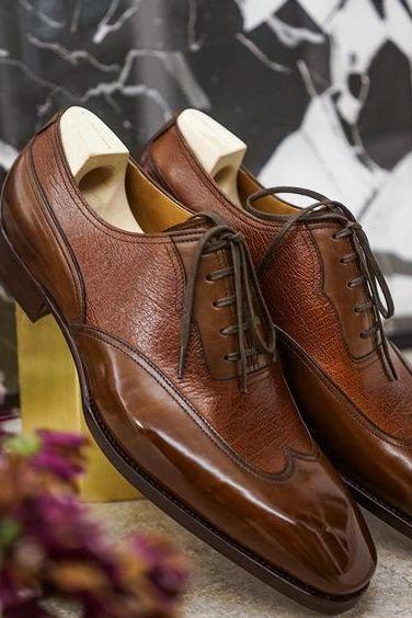 Men&amp;#039;s Designer Wingtip Brown Leather Shoes Wingtip Laceup Dress Handmade Shoes