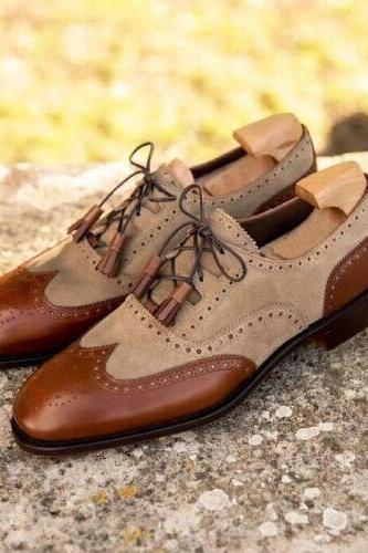 Mens Italian Design Handmade Oxfords Mustard Beige Suede Wingtip Shoes