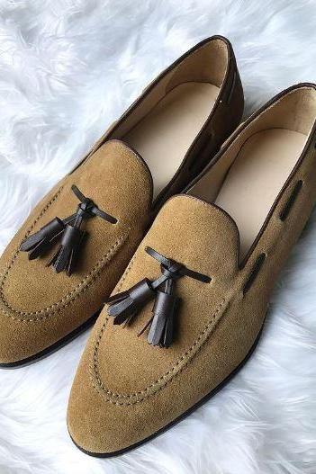 Men&amp;#039;s Tan Suede Really Nice Handmade Tassels Design Loafer Slips On Shoes