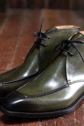 Handmade Mens Olive Leather Split Toe Chukka Lace Up Boot