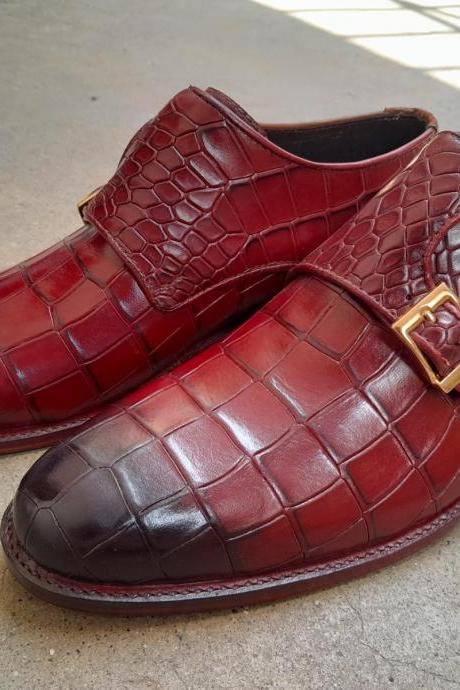 Red Berry Alligator Texture Handmade Double Monk Dress Shoes Handmade Edition