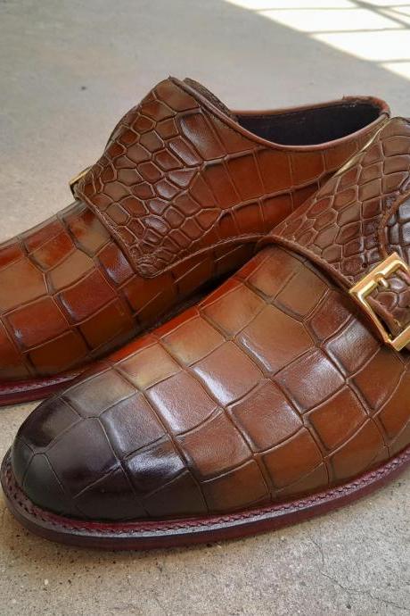 5 Star Brown Alligator Texture Handmade Double Monk Dress Shoes Handmade Edition